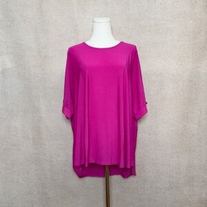 Dear Scarlett Chic Magenta Solid Round Neck Top with Cuffed Sleeves